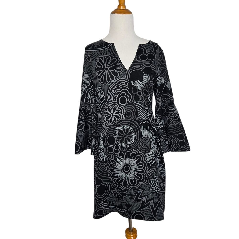 Trina Turk Women Retro Bell Sleeve Dress Black Abstract Print Mini Mod Small